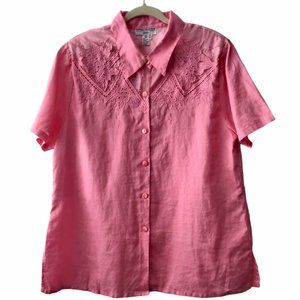 Natural Collection Womens Pink 100% Linen Floral Embroidery Button Top Flaw 3X